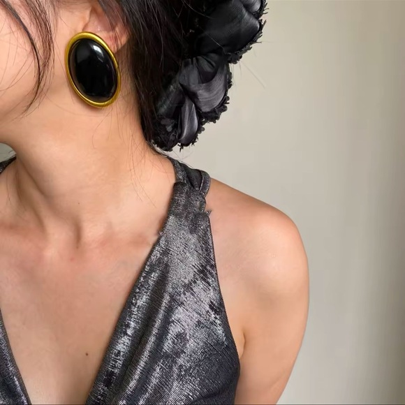 Vintage Oversized Black Brass Oval Statement Earrings - Picture 2 of 14